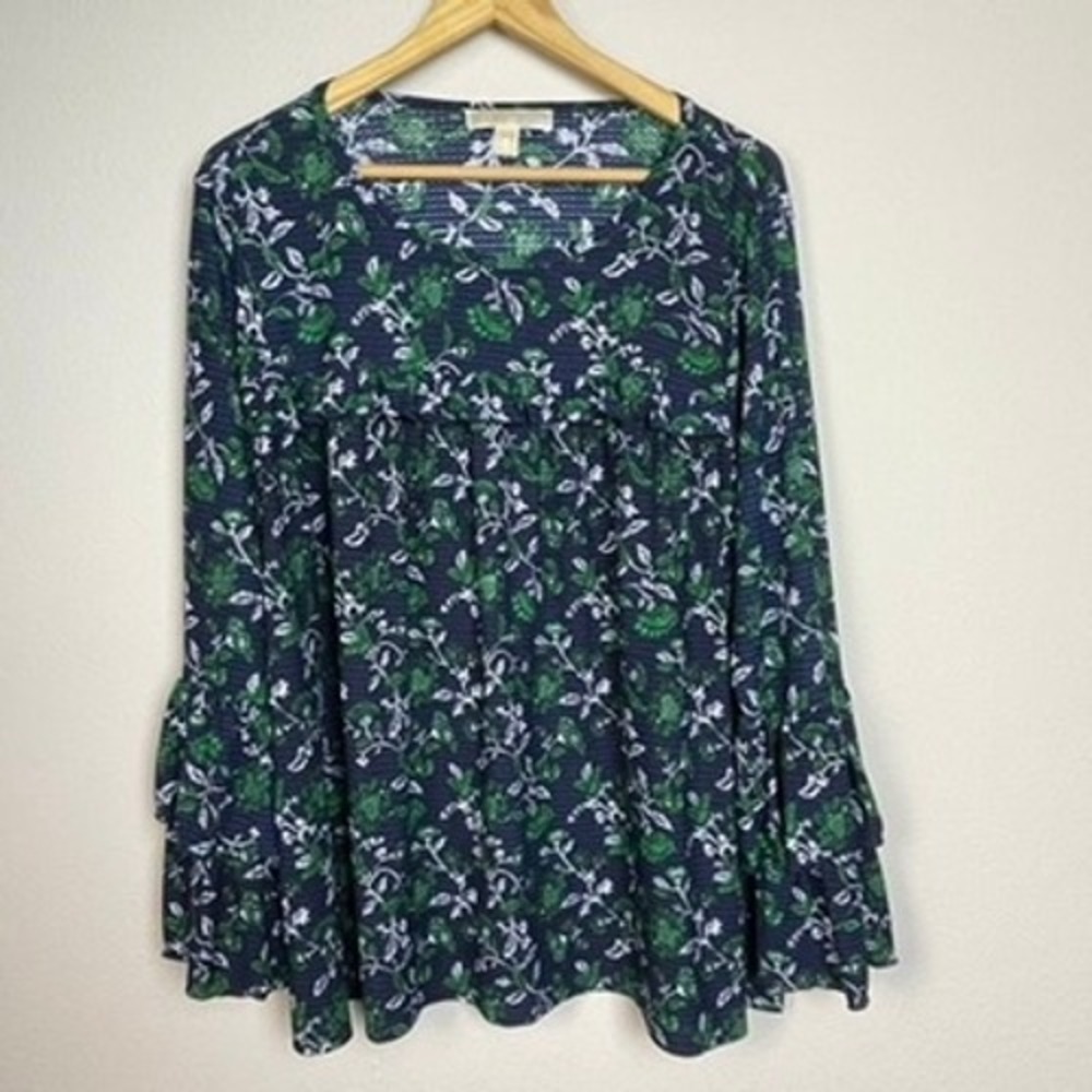 Michael Michael Kors Navy Green Floral Print Smocked Peasant Blouse‎ Top 2X